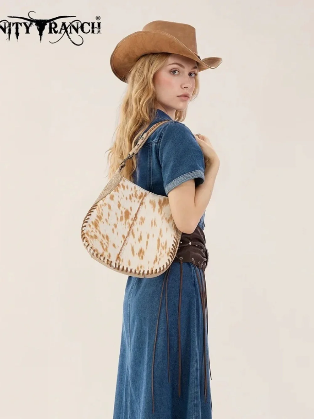 Trinity Ranch Cowhide ＆ Tooled Leather Hobo Crossbody Bag Tan